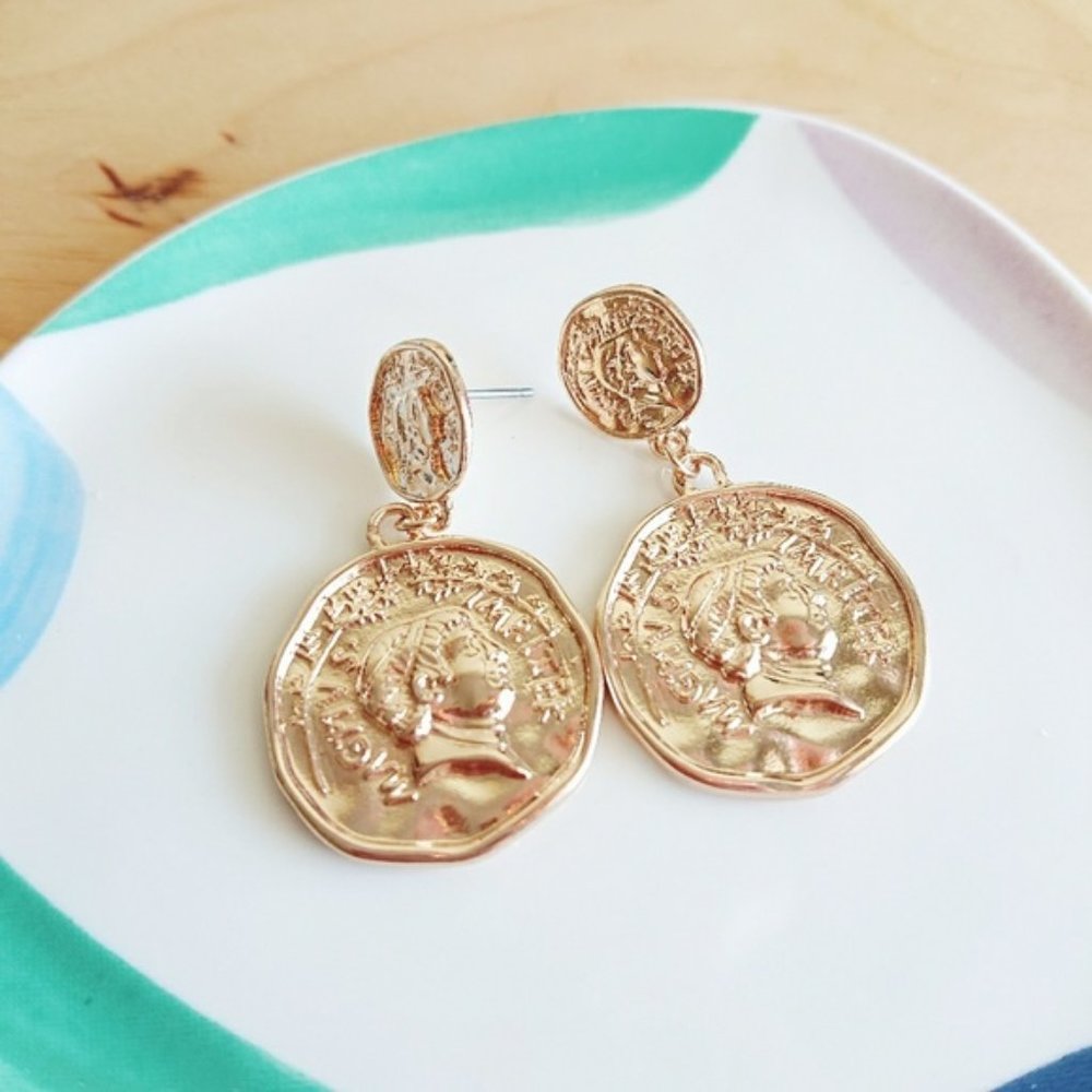 Antique Style//Ancient Coins Drop Earrings - Picture 3 of 3
